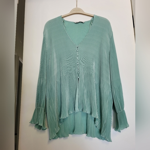 Zara Sea Green Micro Pleated Blouse Long Sleeve Top XL - Picture 5 of 13